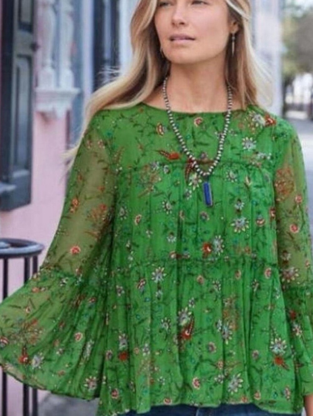 Sundance Green Floral Sheer Crinkle Overlay Peasant Top Sheer Bell Sleeve Large